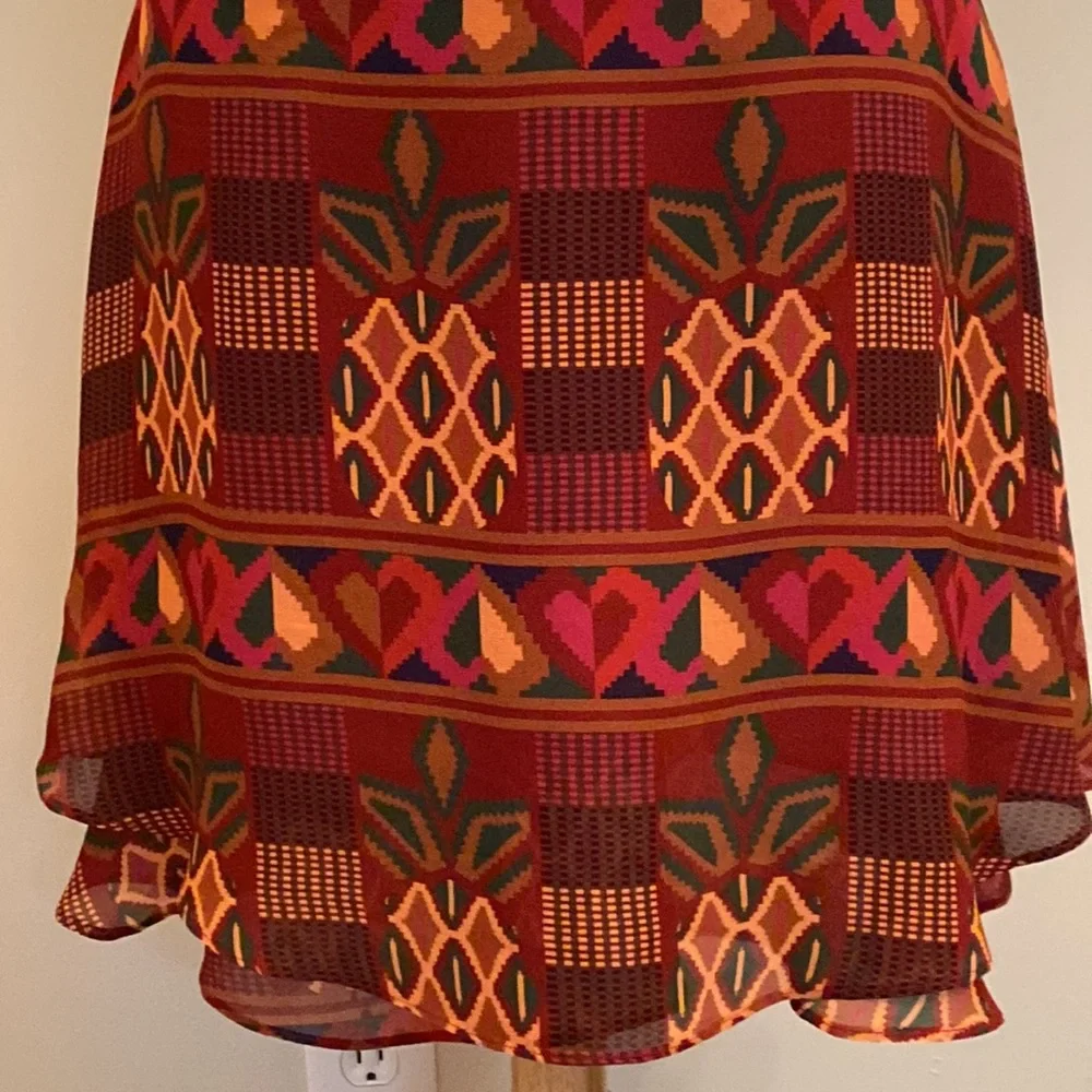 FARM RIO Orange Yellow Pineapple Tribal Print L Boho Brazilian Style Mini Skirt